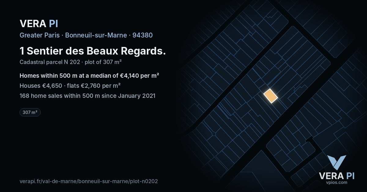 1 Sentier des Beaux Regards, Bonneuil-sur-Marne at night – the plot lit, the parcels around coloured by the prices near them