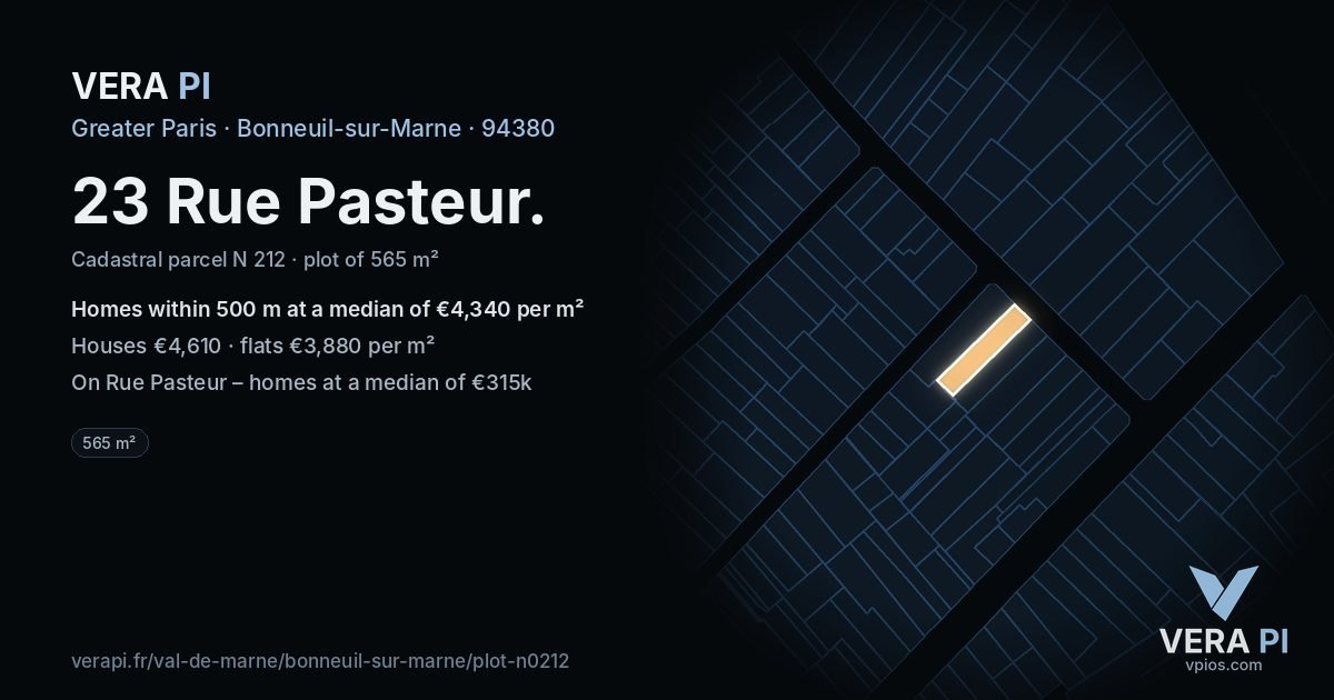 23 Rue Pasteur, Bonneuil-sur-Marne at night – the plot lit, the parcels around coloured by the prices near them