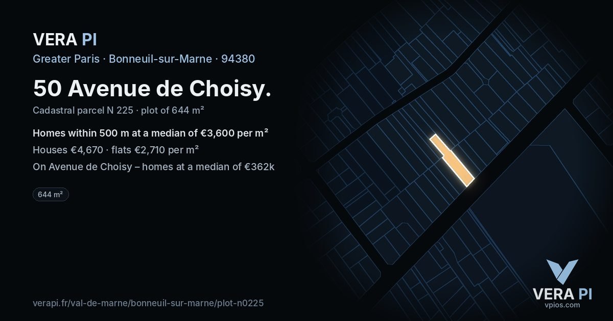 50 Avenue de Choisy, Bonneuil-sur-Marne at night – the plot lit, the parcels around coloured by the prices near them