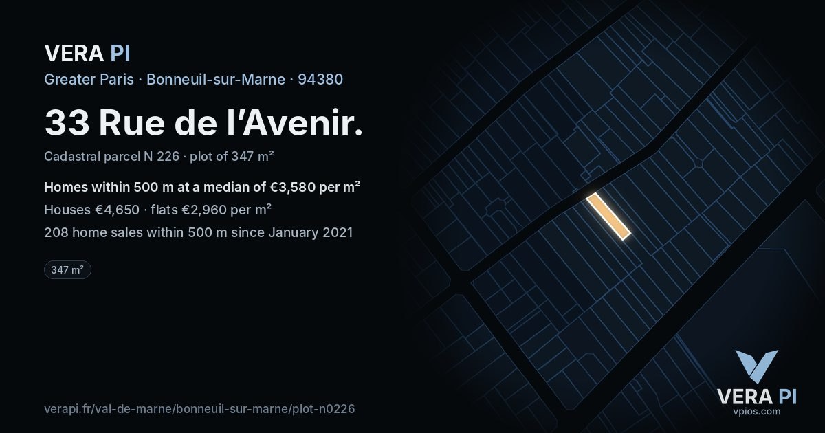33 Rue de l’Avenir, Bonneuil-sur-Marne at night – the plot lit, the parcels around coloured by the prices near them