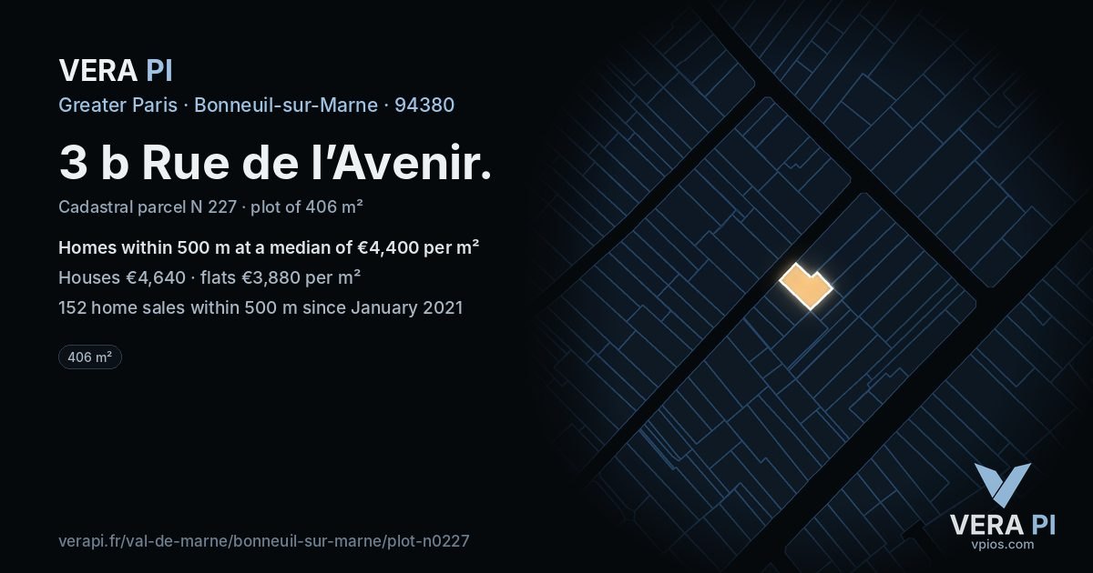 3 b Rue de l’Avenir, Bonneuil-sur-Marne at night – the plot lit, the parcels around coloured by the prices near them