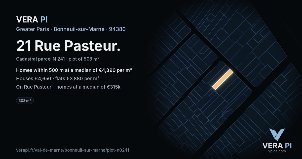 21 Rue Pasteur, Bonneuil-sur-Marne at night – the plot lit, the parcels around coloured by the prices near them
