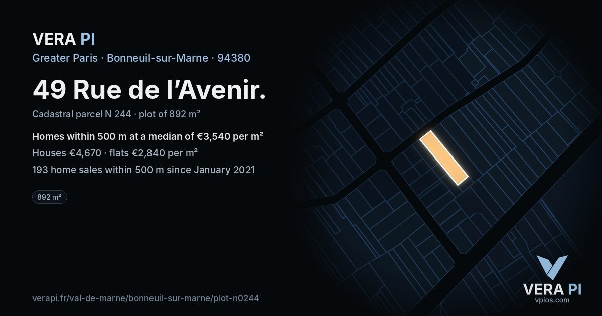 49 Rue de l’Avenir, Bonneuil-sur-Marne at night – the plot lit, the parcels around coloured by the prices near them