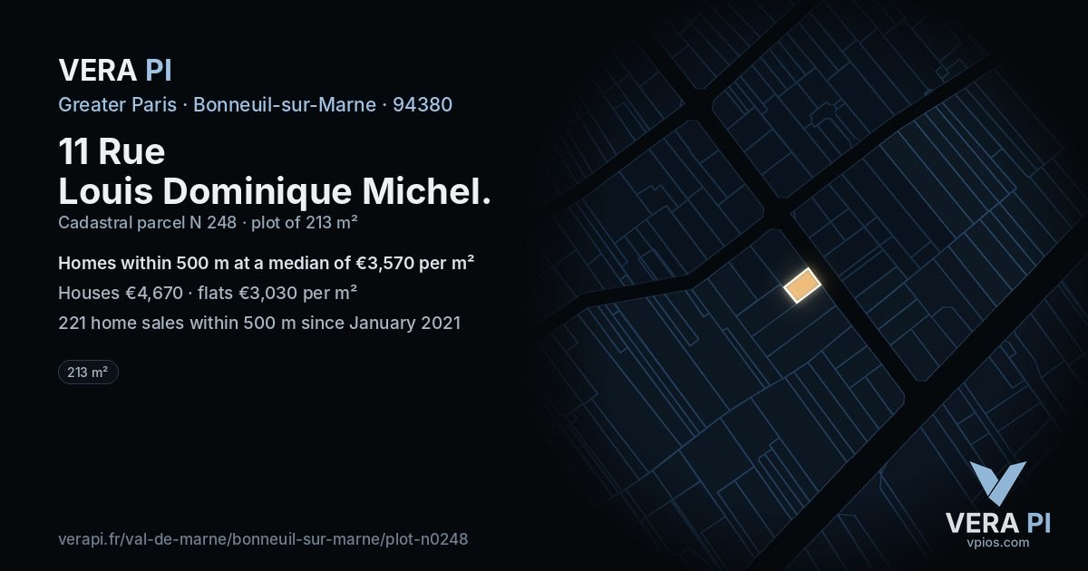 11 Rue Louis Dominique Michel, Bonneuil-sur-Marne at night – the plot lit, the parcels around coloured by the prices near them