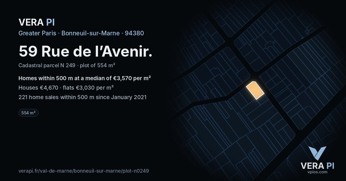 59 Rue de l’Avenir, Bonneuil-sur-Marne at night – the plot lit, the parcels around coloured by the prices near them
