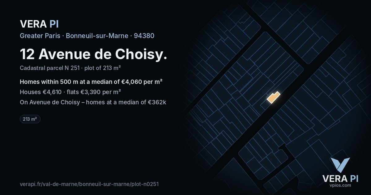 12 Avenue de Choisy, Bonneuil-sur-Marne at night – the plot lit, the parcels around coloured by the prices near them
