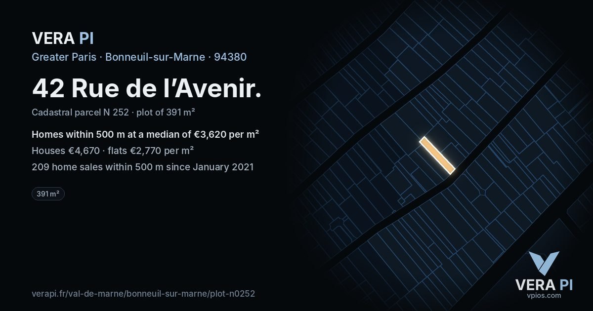 42 Rue de l’Avenir, Bonneuil-sur-Marne at night – the plot lit, the parcels around coloured by the prices near them