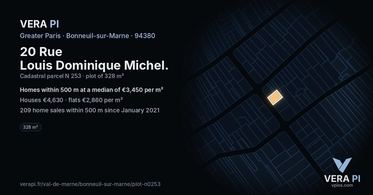 20 Rue Louis Dominique Michel, Bonneuil-sur-Marne at night – the plot lit, the parcels around coloured by the prices near them