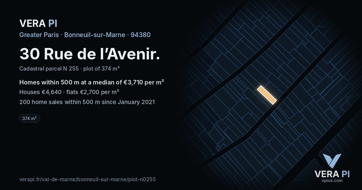 30 Rue de l’Avenir, Bonneuil-sur-Marne at night – the plot lit, the parcels around coloured by the prices near them