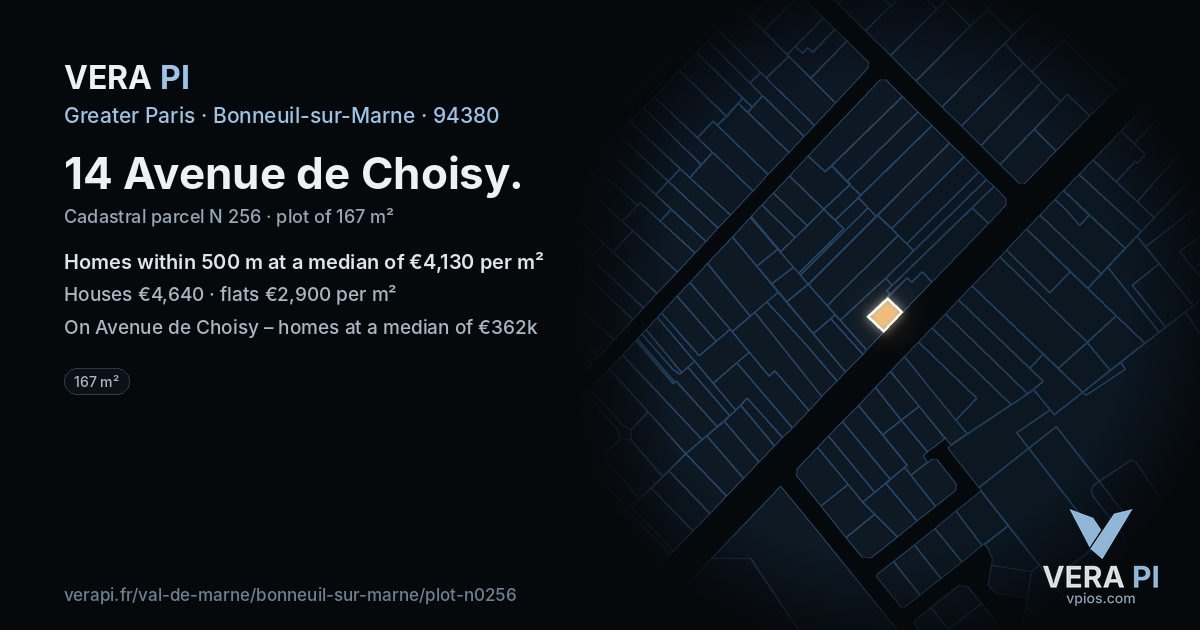 14 Avenue de Choisy, Bonneuil-sur-Marne at night – the plot lit, the parcels around coloured by the prices near them
