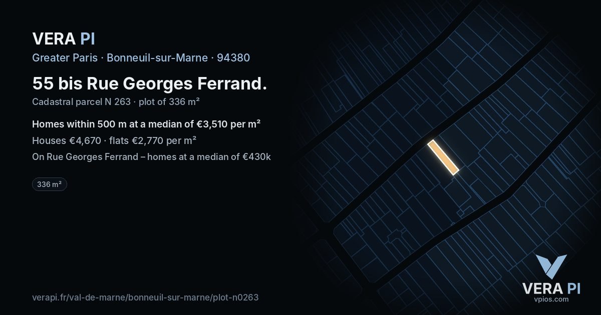 55 bis Rue Georges Ferrand, Bonneuil-sur-Marne at night – the plot lit, the parcels around coloured by the prices near them
