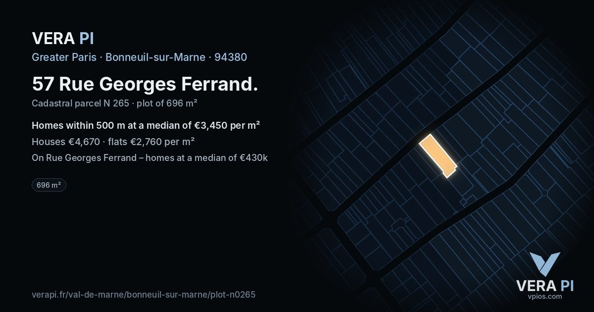 57 Rue Georges Ferrand, Bonneuil-sur-Marne at night – the plot lit, the parcels around coloured by the prices near them