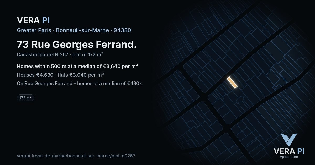 73 Rue Georges Ferrand, Bonneuil-sur-Marne at night – the plot lit, the parcels around coloured by the prices near them