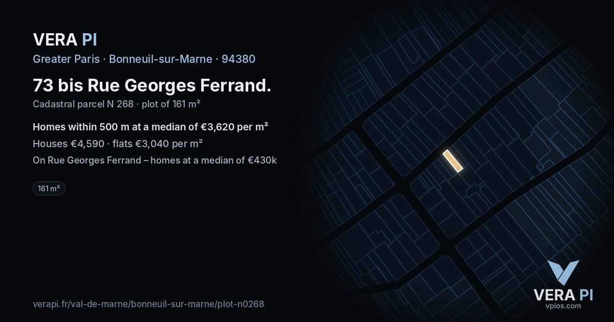 73 bis Rue Georges Ferrand, Bonneuil-sur-Marne at night – the plot lit, the parcels around coloured by the prices near them
