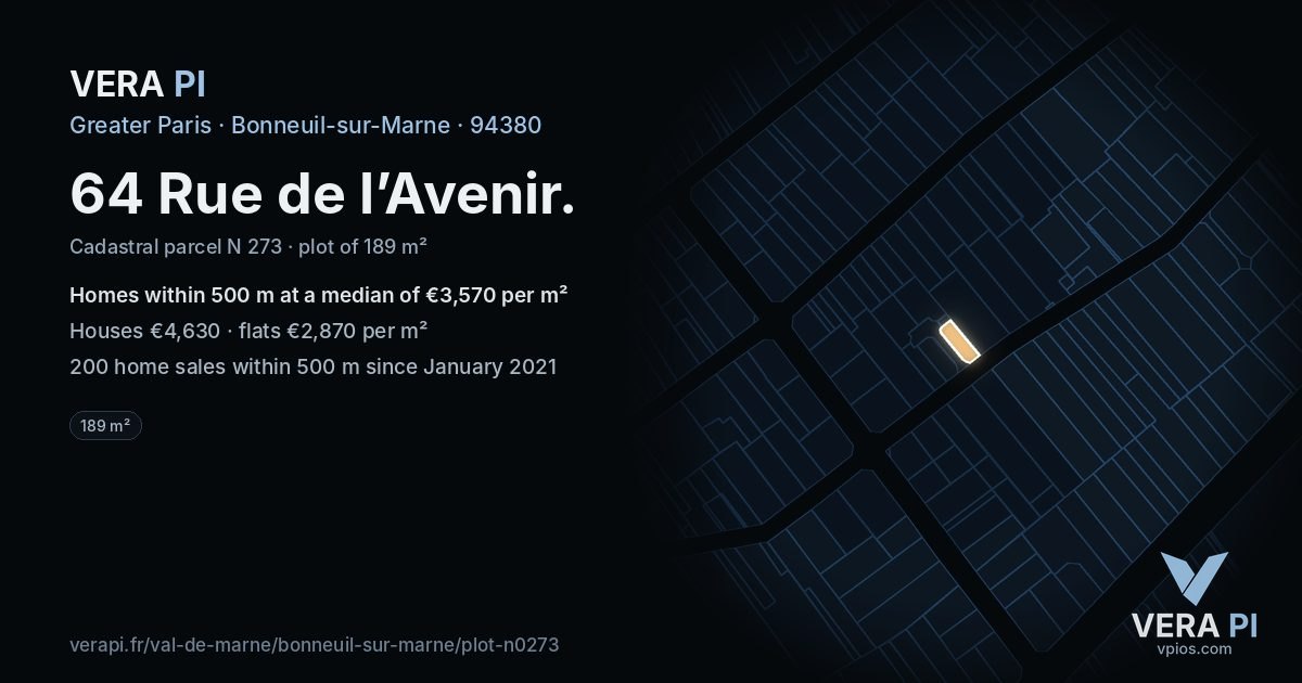 64 Rue de l’Avenir, Bonneuil-sur-Marne at night – the plot lit, the parcels around coloured by the prices near them
