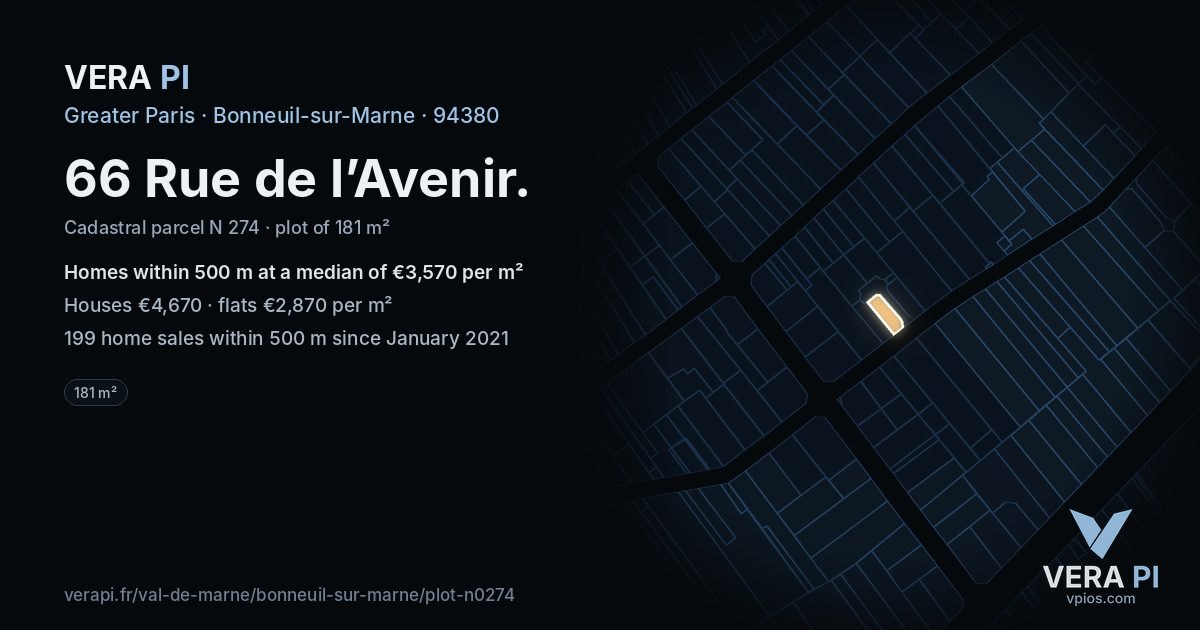 66 Rue de l’Avenir, Bonneuil-sur-Marne at night – the plot lit, the parcels around coloured by the prices near them