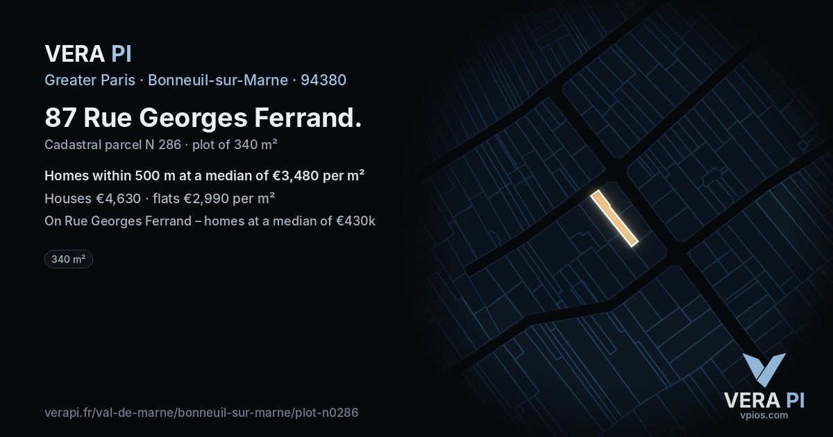 87 Rue Georges Ferrand, Bonneuil-sur-Marne at night – the plot lit, the parcels around coloured by the prices near them