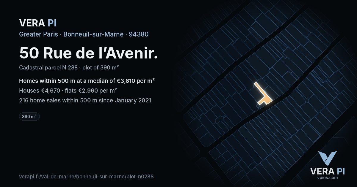 50 Rue de l’Avenir, Bonneuil-sur-Marne at night – the plot lit, the parcels around coloured by the prices near them