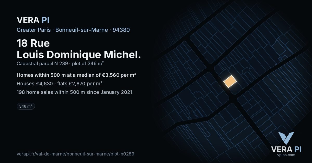 18 Rue Louis Dominique Michel, Bonneuil-sur-Marne at night – the plot lit, the parcels around coloured by the prices near them