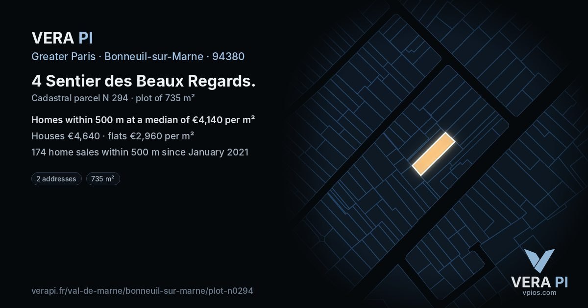 4 Sentier des Beaux Regards, Bonneuil-sur-Marne at night – the plot lit, the parcels around coloured by the prices near them