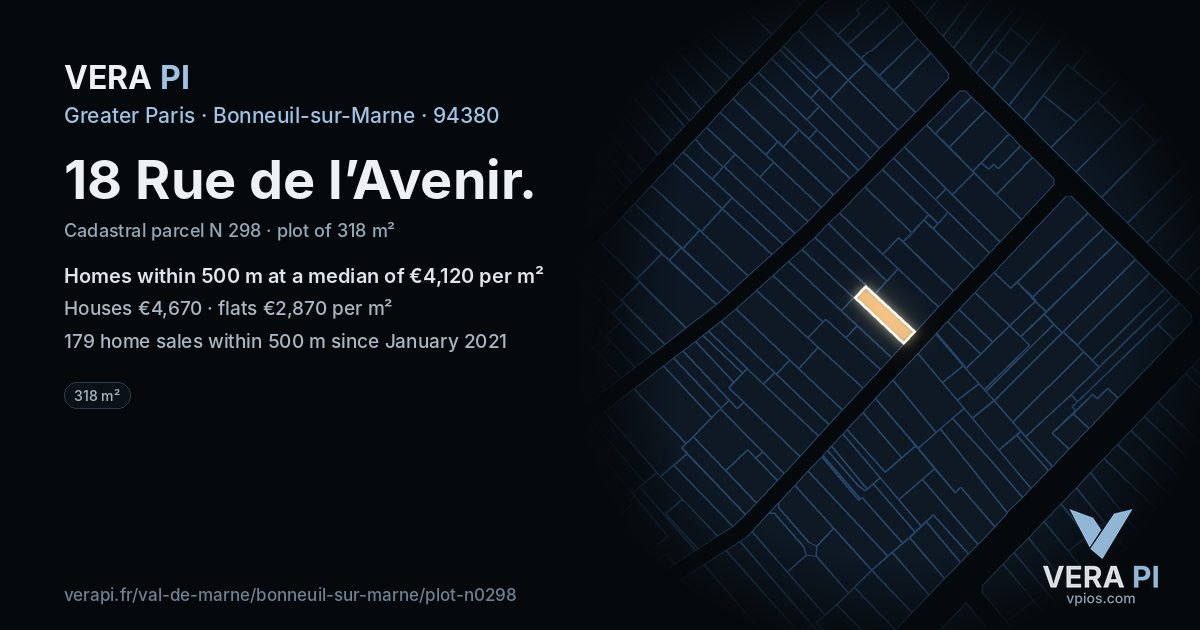 18 Rue de l’Avenir, Bonneuil-sur-Marne at night – the plot lit, the parcels around coloured by the prices near them