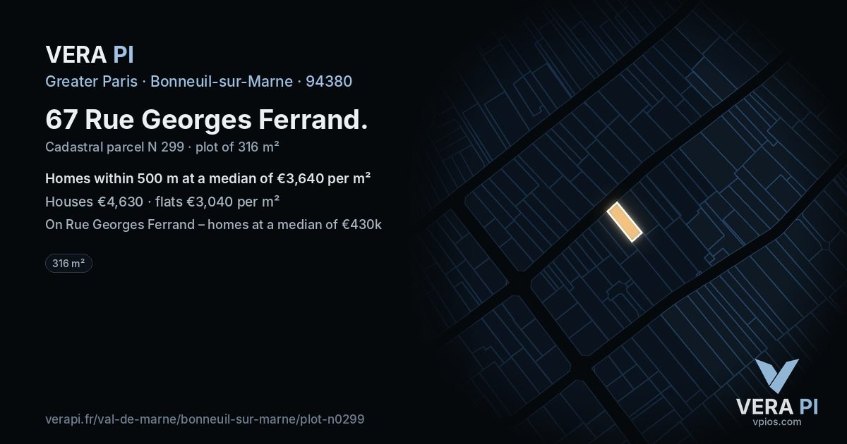 67 Rue Georges Ferrand, Bonneuil-sur-Marne at night – the plot lit, the parcels around coloured by the prices near them