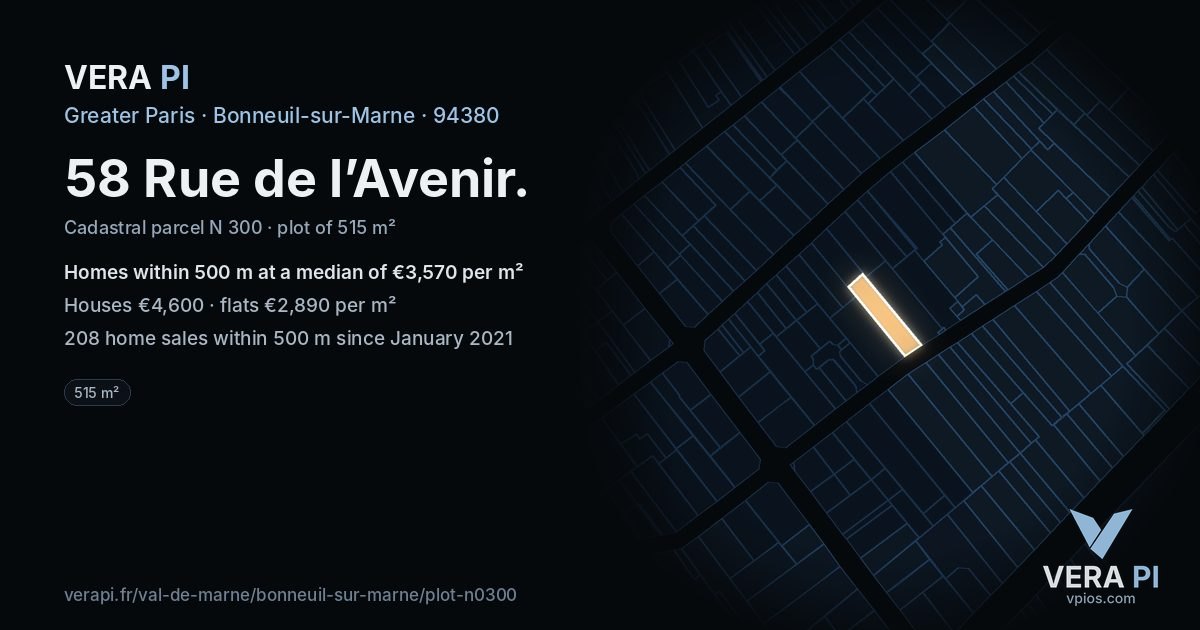 58 Rue de l’Avenir, Bonneuil-sur-Marne at night – the plot lit, the parcels around coloured by the prices near them