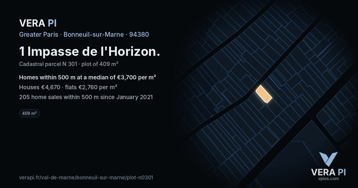 1 Impasse de l'Horizon, Bonneuil-sur-Marne at night – the plot lit, the parcels around coloured by the prices near them