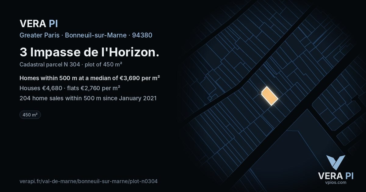 3 Impasse de l'Horizon, Bonneuil-sur-Marne at night – the plot lit, the parcels around coloured by the prices near them