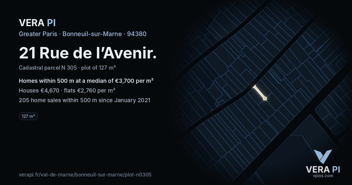 21 Rue de l’Avenir, Bonneuil-sur-Marne at night – the plot lit, the parcels around coloured by the prices near them