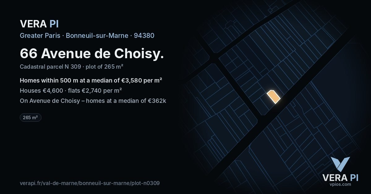 66 Avenue de Choisy, Bonneuil-sur-Marne at night – the plot lit, the parcels around coloured by the prices near them