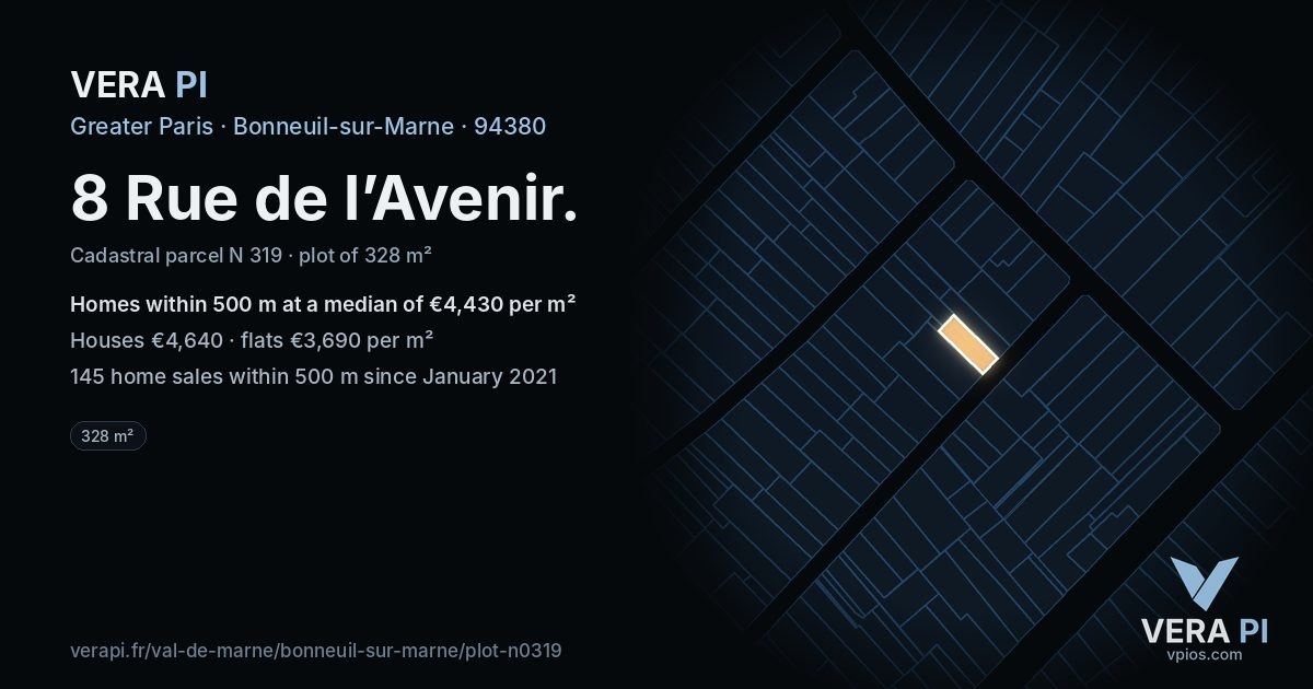 8 Rue de l’Avenir, Bonneuil-sur-Marne at night – the plot lit, the parcels around coloured by the prices near them