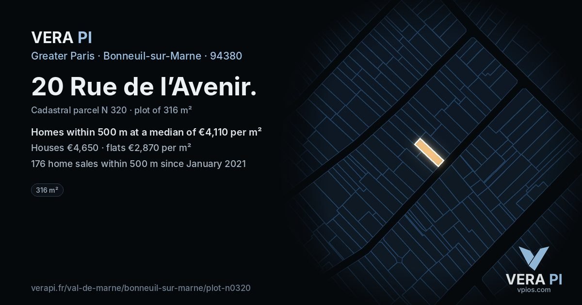 20 Rue de l’Avenir, Bonneuil-sur-Marne at night – the plot lit, the parcels around coloured by the prices near them