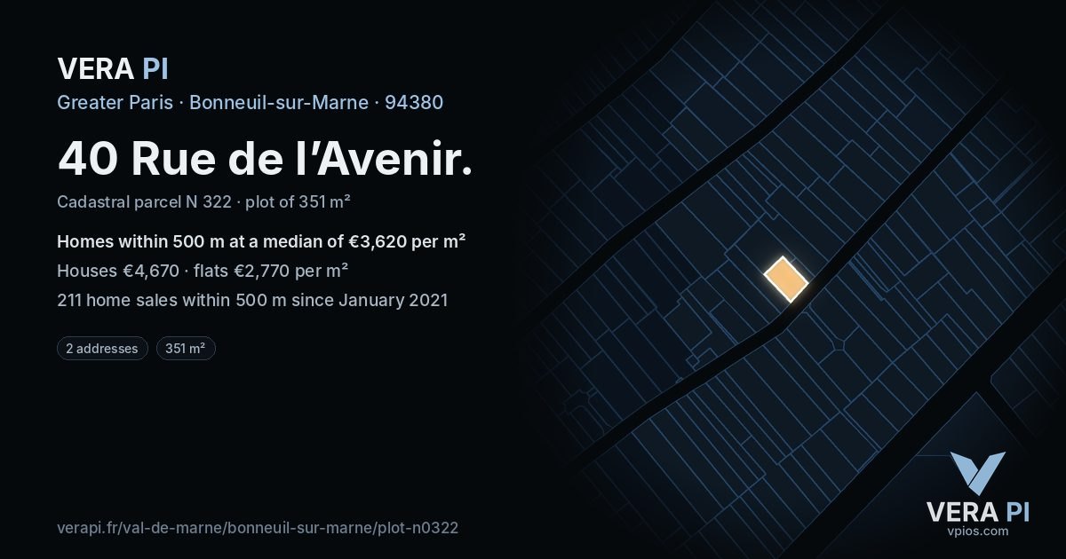 40 Rue de l’Avenir, Bonneuil-sur-Marne at night – the plot lit, the parcels around coloured by the prices near them