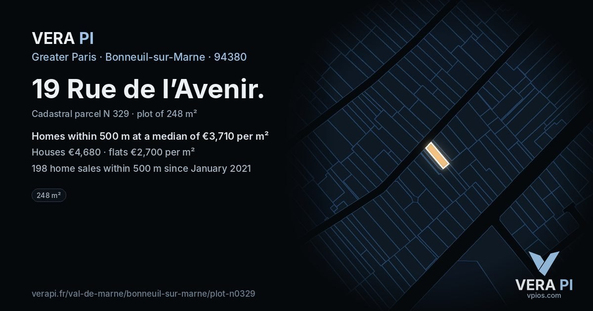 19 Rue de l’Avenir, Bonneuil-sur-Marne at night – the plot lit, the parcels around coloured by the prices near them