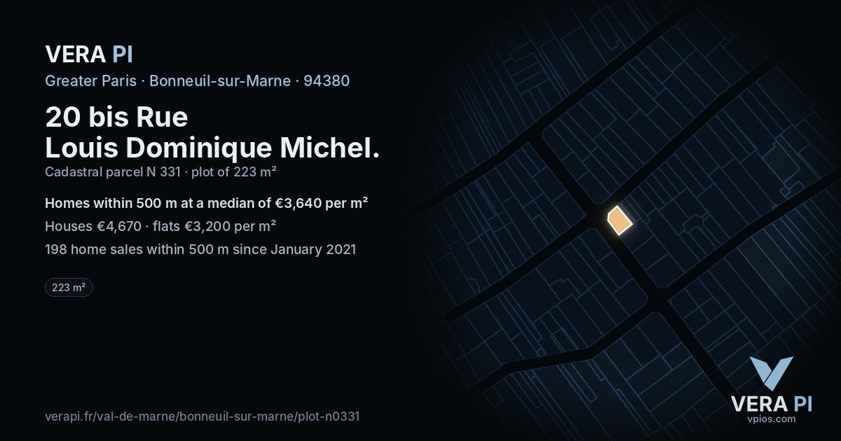 20 bis Rue Louis Dominique Michel, Bonneuil-sur-Marne at night – the plot lit, the parcels around coloured by the prices near them
