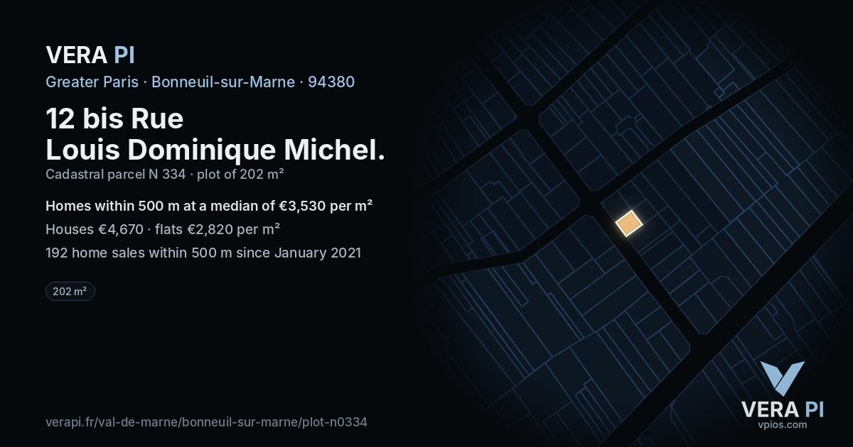 12 bis Rue Louis Dominique Michel, Bonneuil-sur-Marne at night – the plot lit, the parcels around coloured by the prices near them