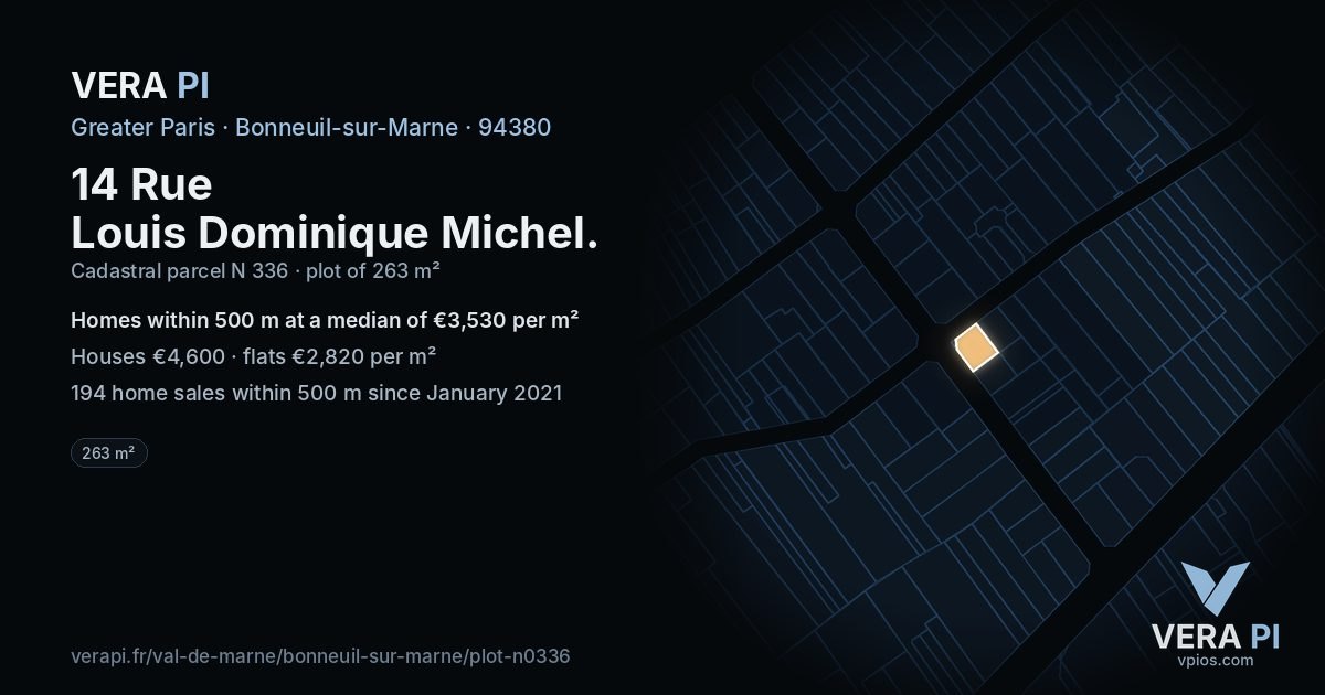 14 Rue Louis Dominique Michel, Bonneuil-sur-Marne at night – the plot lit, the parcels around coloured by the prices near them