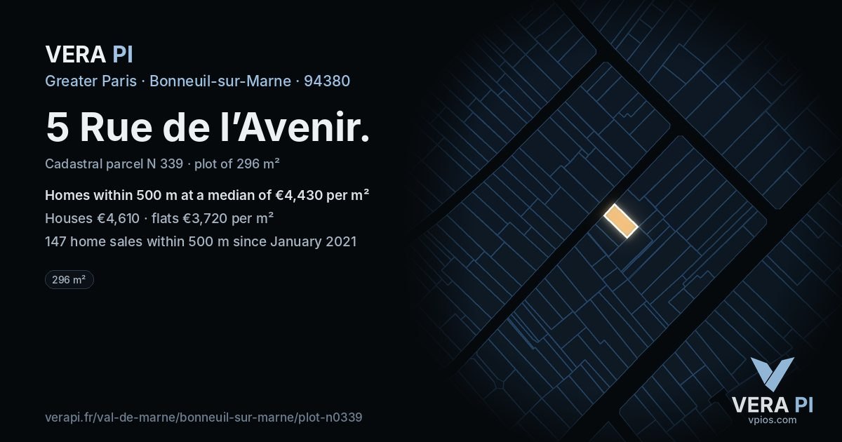 5 Rue de l’Avenir, Bonneuil-sur-Marne at night – the plot lit, the parcels around coloured by the prices near them
