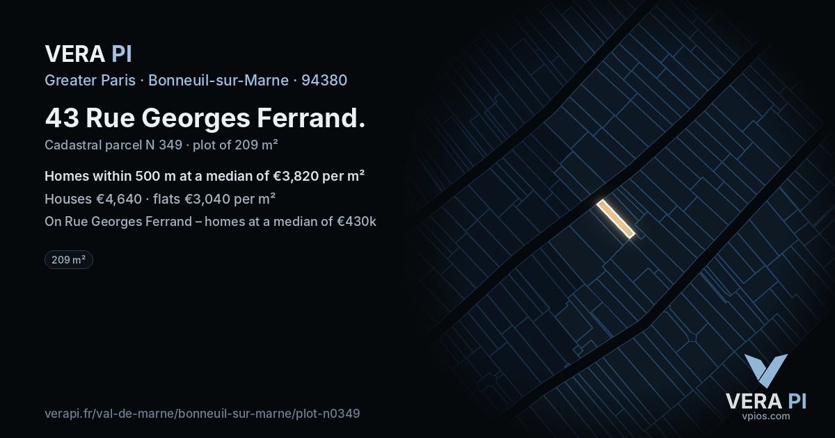 43 Rue Georges Ferrand, Bonneuil-sur-Marne at night – the plot lit, the parcels around coloured by the prices near them