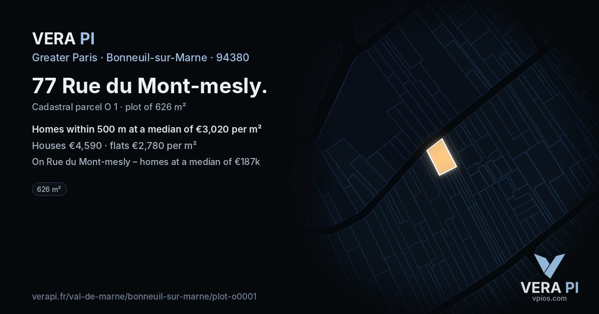 77 Rue du Mont-mesly, Bonneuil-sur-Marne at night – the plot lit, the parcels around coloured by the prices near them