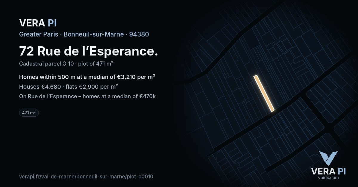 72 Rue de l’Esperance, Bonneuil-sur-Marne at night – the plot lit, the parcels around coloured by the prices near them