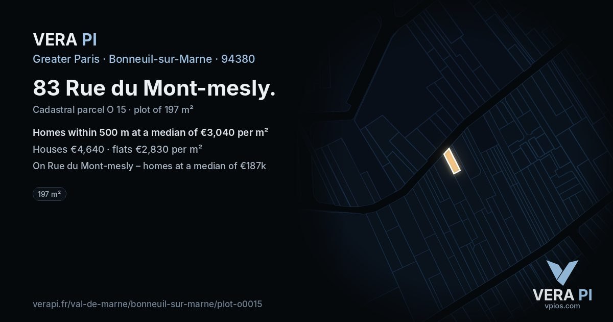 83 Rue du Mont-mesly, Bonneuil-sur-Marne at night – the plot lit, the parcels around coloured by the prices near them