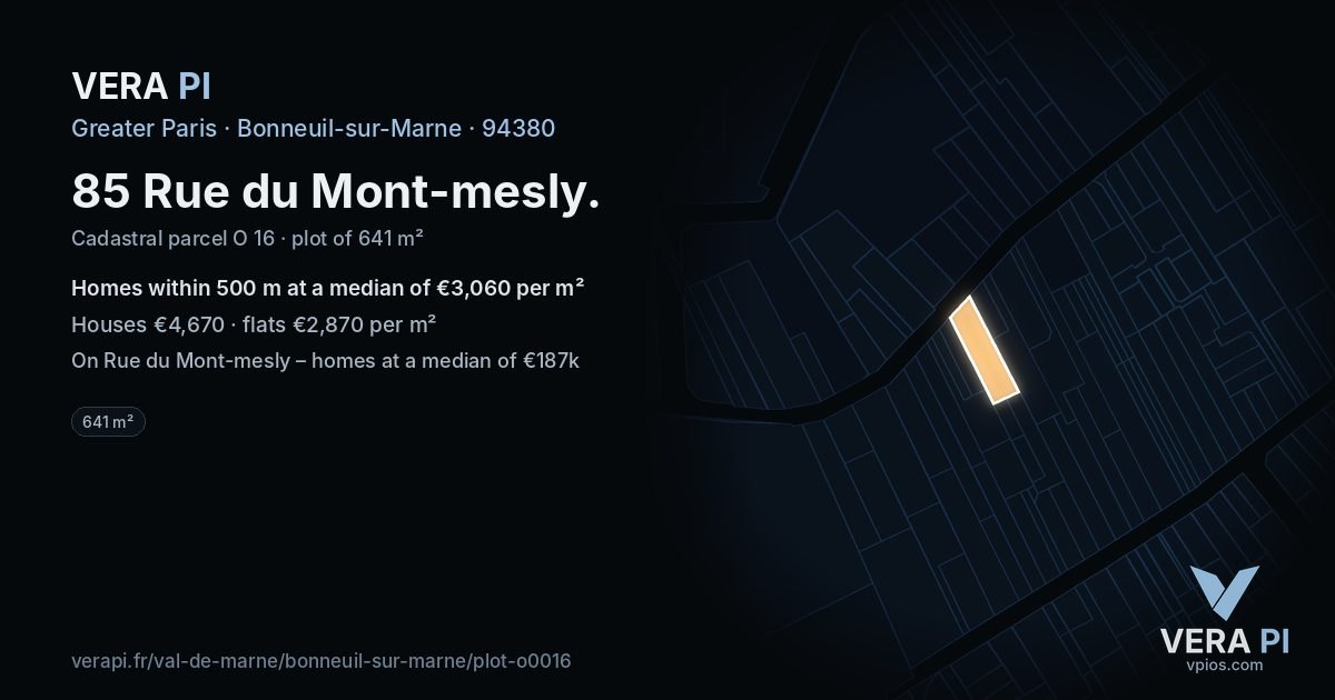 85 Rue du Mont-mesly, Bonneuil-sur-Marne at night – the plot lit, the parcels around coloured by the prices near them