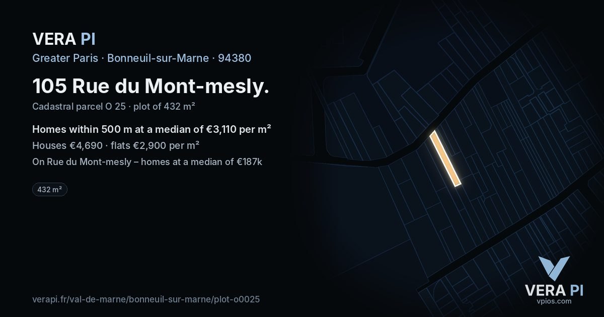 105 Rue du Mont-mesly, Bonneuil-sur-Marne at night – the plot lit, the parcels around coloured by the prices near them