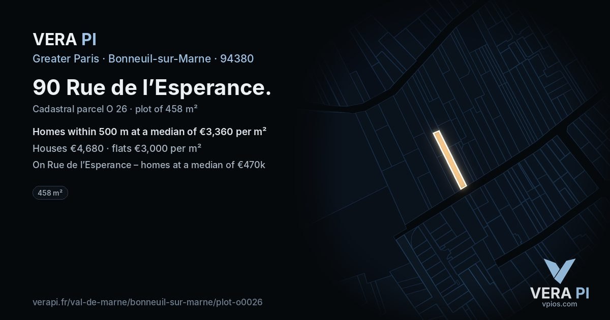 90 Rue de l’Esperance, Bonneuil-sur-Marne at night – the plot lit, the parcels around coloured by the prices near them