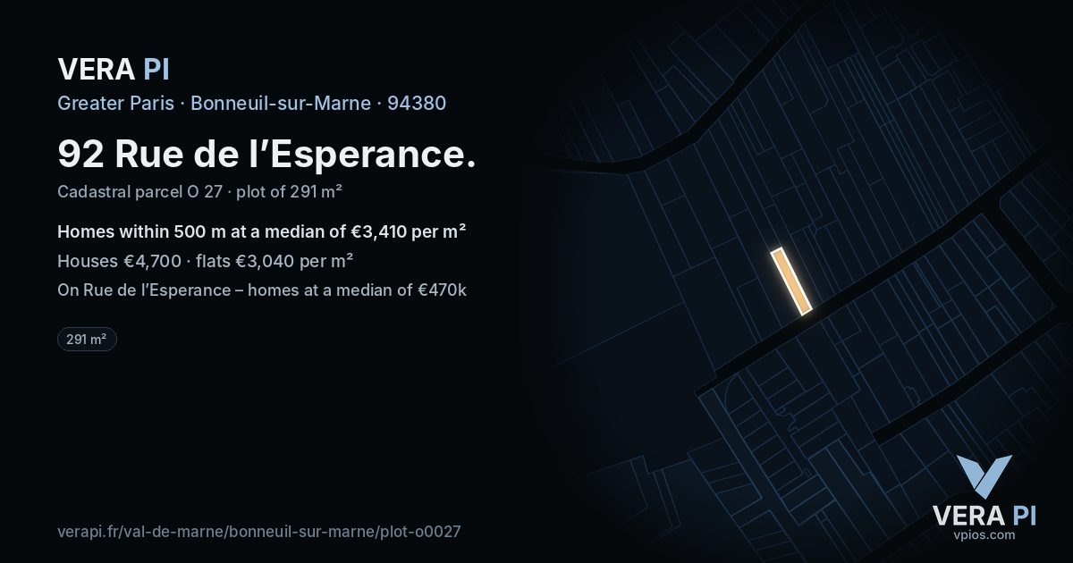 92 Rue de l’Esperance, Bonneuil-sur-Marne at night – the plot lit, the parcels around coloured by the prices near them