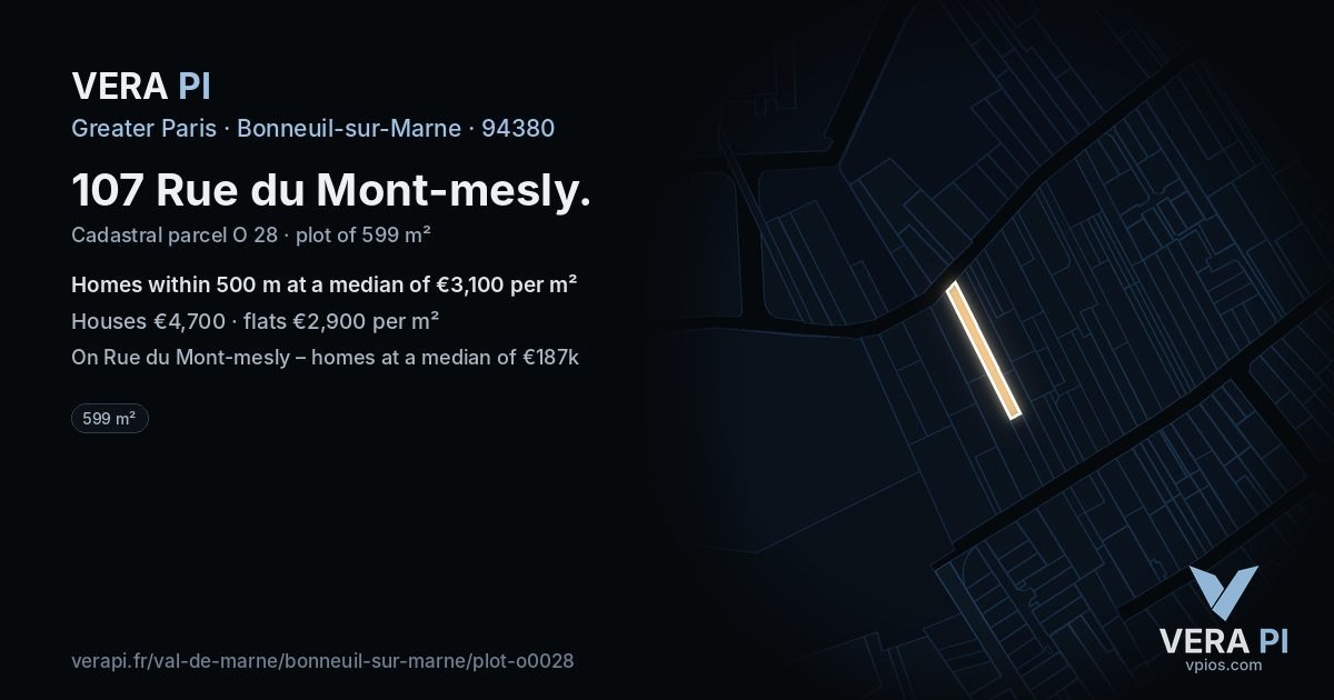 107 Rue du Mont-mesly, Bonneuil-sur-Marne at night – the plot lit, the parcels around coloured by the prices near them