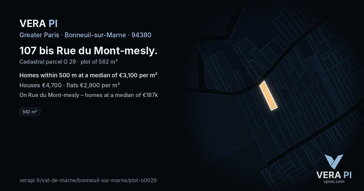 107 bis Rue du Mont-mesly, Bonneuil-sur-Marne at night – the plot lit, the parcels around coloured by the prices near them