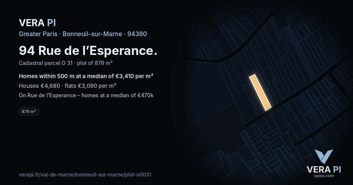 94 Rue de l’Esperance, Bonneuil-sur-Marne at night – the plot lit, the parcels around coloured by the prices near them